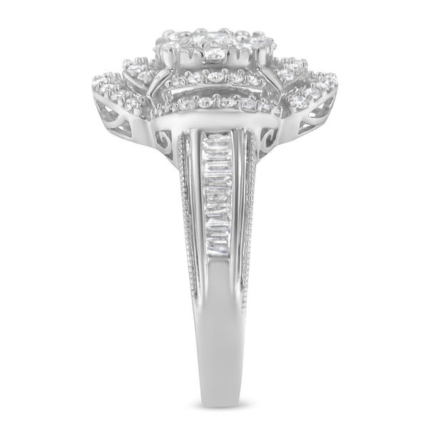 14K White Gold 1.0 Cttw Round & Baguette Cut Diamond Floral Cluster Quatrefoil Channel Set Band Cocktail Statement Ring