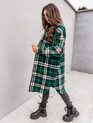 Buy green Winter Checked Jackets Coats Women Fashion Casual Oversized Turn Down Collar Long Outwear Thick Warm Woolen Blends Overcoats