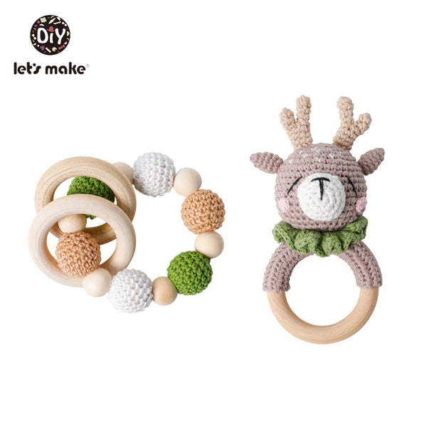 Let's Make Baby Rattles Set Crochet Animal Elk Amigurumi Elephant Baby Teether Wooden Pacifier ChainBPA Free Nursing Rattle Toys