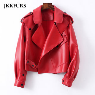 Buy red Women Real Sheepskin Fashion Bomber Designer Ladies Leather Jacket Coat