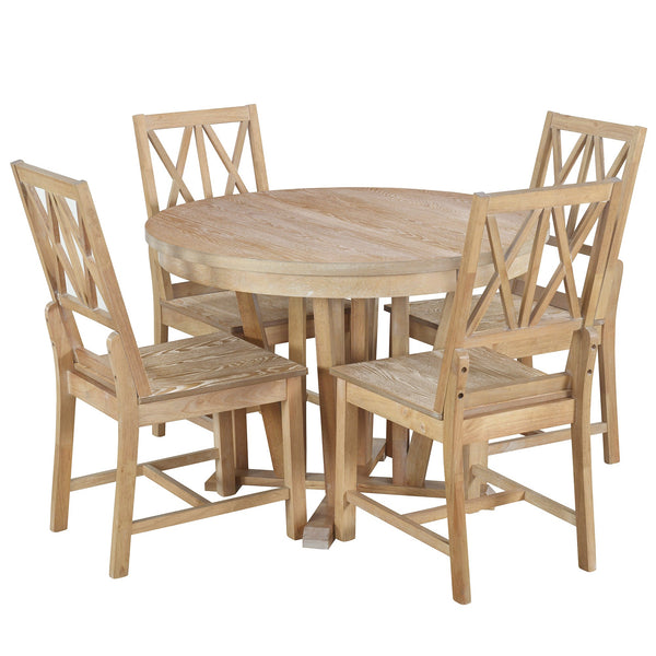 Rustic 5-Piece Extendable Dining Table Set Round Trestle Table and 4 Cross Back Dining Chairs for Kitchen, Dining Room,