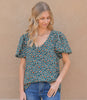 V Neck Print Short Sleeve Top - Kelly Green
