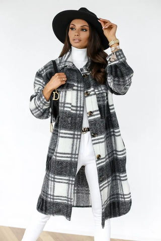 Buy black Winter Checked Jackets Coats Women Fashion Casual Oversized Turn Down Collar Long Outwear Thick Warm Woolen Blends Overcoats