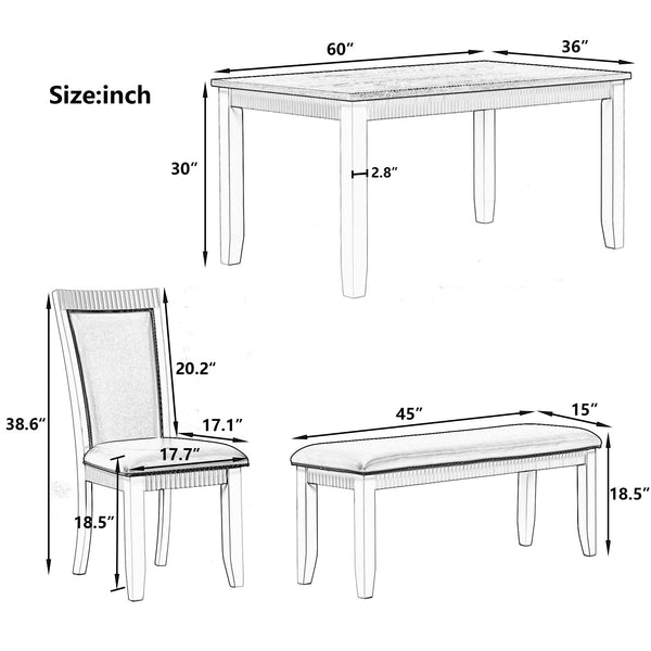 Rustic Solid Wood 6-Piece Dining Table Set, PU Leather Upholstered Chairs and Bench, White