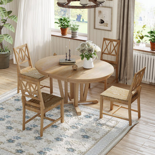 Rustic 5-Piece Extendable Dining Table Set Round Trestle Table and 4 Cross Back Dining Chairs for Kitchen, Dining Room,