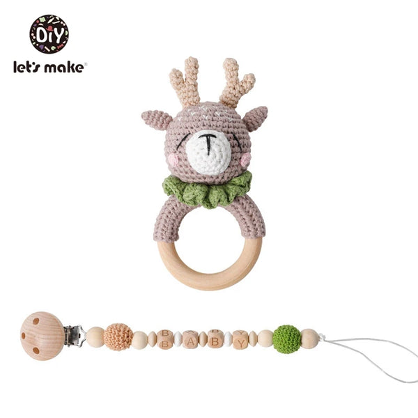 Let's Make Baby Rattles Set Crochet Animal Elk Amigurumi Elephant Baby Teether Wooden Pacifier ChainBPA Free Nursing Rattle Toys