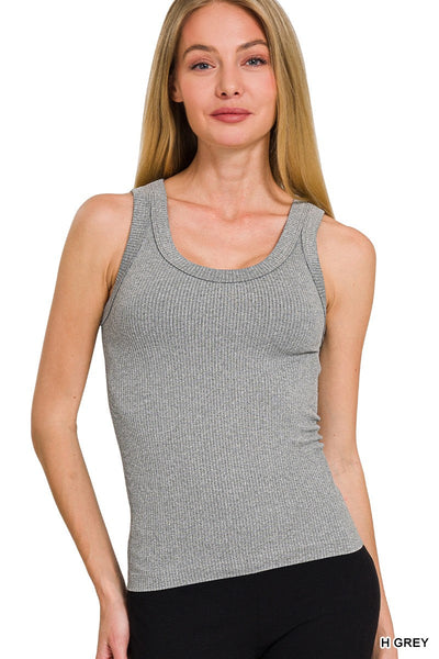 2 Way Neckline Seamless Ribbed Tank Top: H. Grey