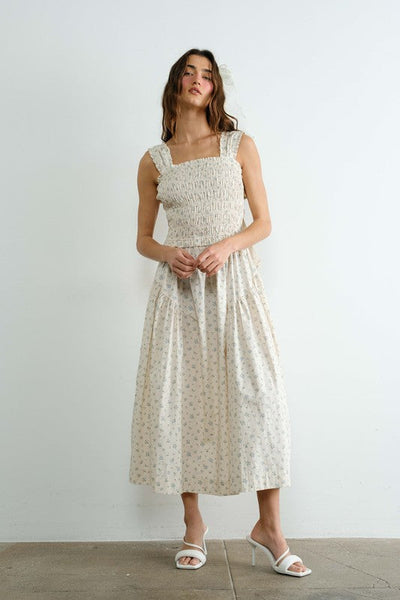 Margot Retro Bow Tie Back Smocked Midi Dress