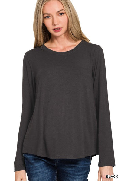 Flowy Round Hem Rayon Long Sleeve Top - Black