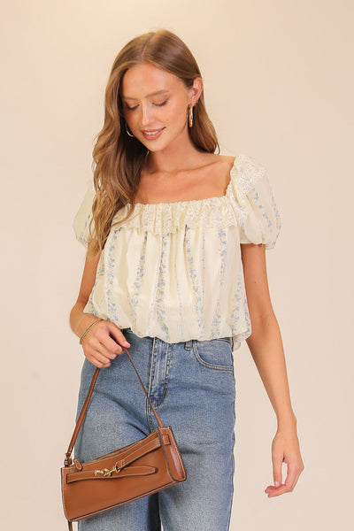 Lace Trim Floral Puff Sleeve Blouse