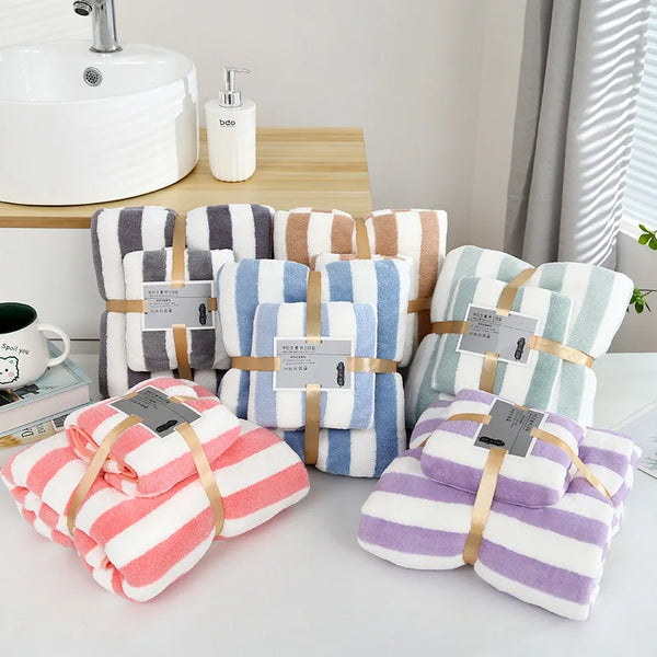 1 Set Striped Towel Bath Towel Household Coral Velvet Baby Bath Towel Soft Thickened Plush Children's Absorbent Bath Towel