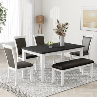 Rustic Solid Wood 6-Piece Dining Table Set, PU Leather Upholstered Chairs and Bench, White