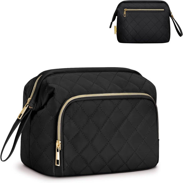 Wide-open Quilted Travel Makeup Organizer Bag with Handle: Black