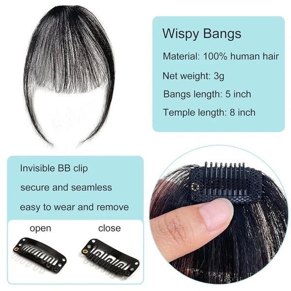 100% Human Hair Black Brown Invisible Hair Bangs Clip in Straight Bangs and Sideburns Extensions Hairpiece Hair Piece