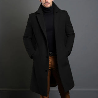 Buy black Atutumn Winter Long Warm Wool Trench Coat for Men Solid Color Single Breasted Luxury Wool Blends-Overcoat Tops Coats Clothing