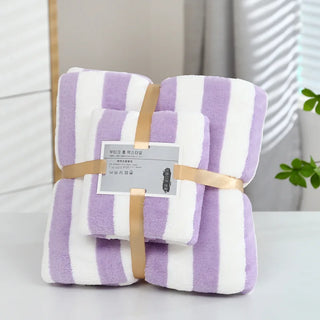 Buy 1-set-purple 1 Set Striped Towel Bath Towel Household Coral Velvet Baby Bath Towel Soft Thickened Plush Children&#39;s Absorbent Bath Towel