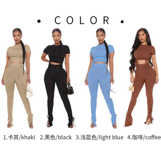 Women Fashion Trendy Crop Top and Pants Solid Two Piece Set