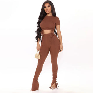 Buy coffee Women Fashion Trendy Crop Top and Pants Solid Two Piece Set