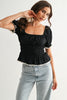 Smocked Peplum Top With Puff Sleeves