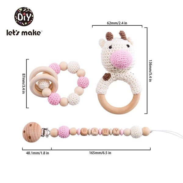 Let's Make Baby Rattles Set Crochet Animal Elk Amigurumi Elephant Baby Teether Wooden Pacifier ChainBPA Free Nursing Rattle Toys