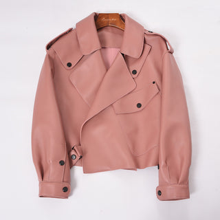 Buy pale-pink Women Real Sheepskin Fashion Bomber Designer Ladies Leather Jacket Coat