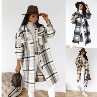 Winter Checked Jackets Coats Women Fashion Casual Oversized Turn Down Collar Long Outwear Thick Warm Woolen Blends Overcoats