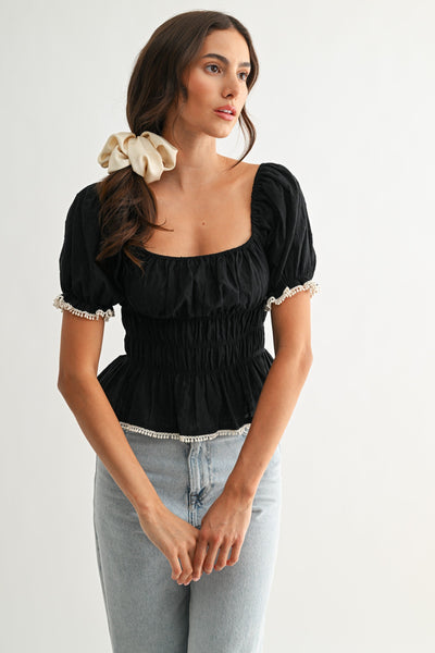 Smocked Peplum Top With Puff Sleeves