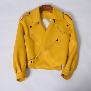 Buy yellow Women Real Sheepskin Fashion Bomber Designer Ladies Leather Jacket Coat