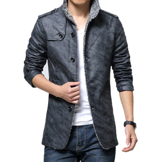 Buy grey 2024 Winter Warm Faux Leather Jacket Men Solid Long Sleeve PU Leather Coat Stand Collar Thick Slim Fit Men Jacket Trench Coats