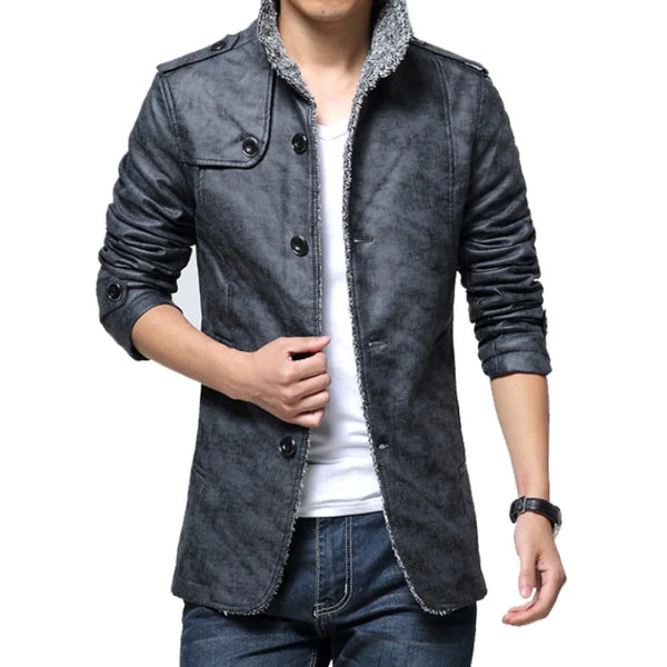 2023 Winter Warm Faux Leather Jacket Men Solid Long Sleeve PU Leather Coat Stand Collar Thick Slim Fit Men Jacket Trench Coats