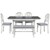 Mid-Century 6-Piece Trestle Table Set With Victorian Round Upholstered Dining Chairs and Long Bench, Gray+Antique White