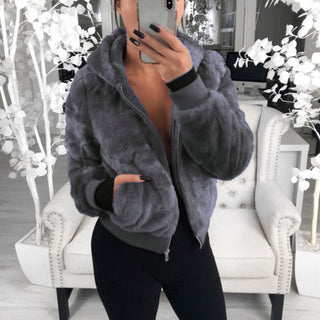 Buy dark-gray Wholesale High Quality Solid Color Hooded Imitation Fur Coat Winter Plus Size Women&#39;s Coats