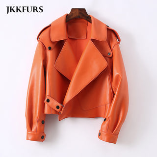 Buy orange Women Real Sheepskin Fashion Bomber Designer Ladies Leather Jacket Coat