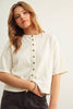 BUTTON DOWN ROUND NECK HALF SLEEVE TOP: WHITE
