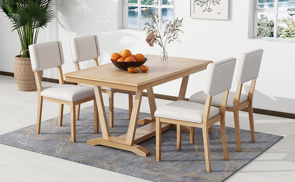 Rustic 5-Piece Dining Table Set With 4 Upholstered Chairs, 59-Inch Rectangular Dining Table With Trestle Table Base, Nau