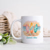 Summer Vibes Mug – Coastal Coffee Cup With Surfboard Art And Ocean Sunset Design