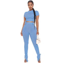 Women Fashion Trendy Crop Top and Pants Solid Two Piece Set