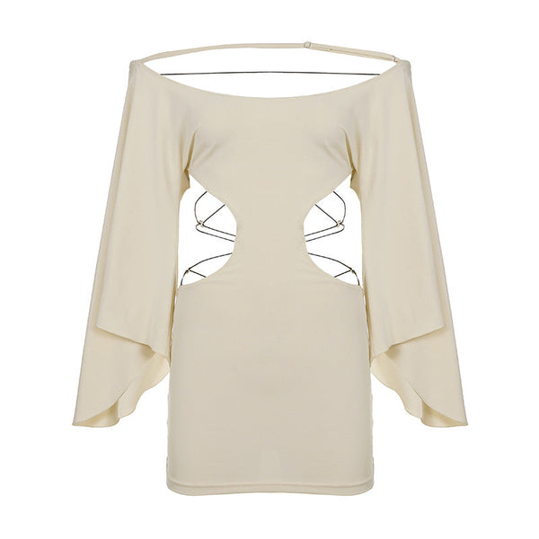 Women Clothing Crossover Lace Up Cutout Off Shoulder Batwing Sleeve Designer Dress