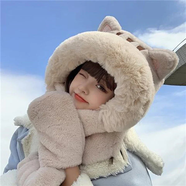 Kawaii Cat Winter Hat, Scarf, & Gloves Combo