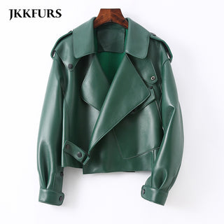 Buy dark-green Women Real Sheepskin Fashion Bomber Designer Ladies Leather Jacket Coat