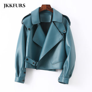 Buy dark-blue Women Real Sheepskin Fashion Bomber Designer Ladies Leather Jacket Coat