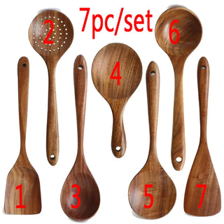 1-7pc Teak Natural Wood Tableware Spoon Spoon Turner Long Rice Colander Soup Skimmer Cooking Spoon Spoon Kitchen Tool Set