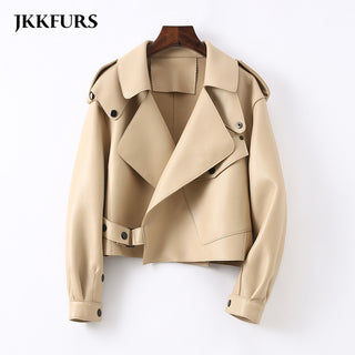 Buy beige Women Real Sheepskin Fashion Bomber Designer Ladies Leather Jacket Coat