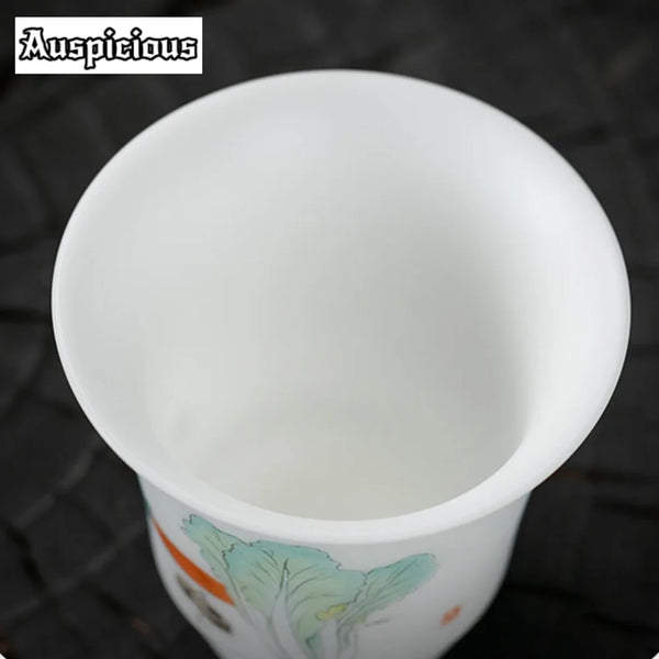 110ml Handmade Iced Jade  White Porcelain Teacup Hand Painted Cabbage Master Cup Ceramic High Smelling Cup Jianzhan Teaware Gift