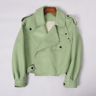 Buy light-green Women Real Sheepskin Fashion Bomber Designer Ladies Leather Jacket Coat