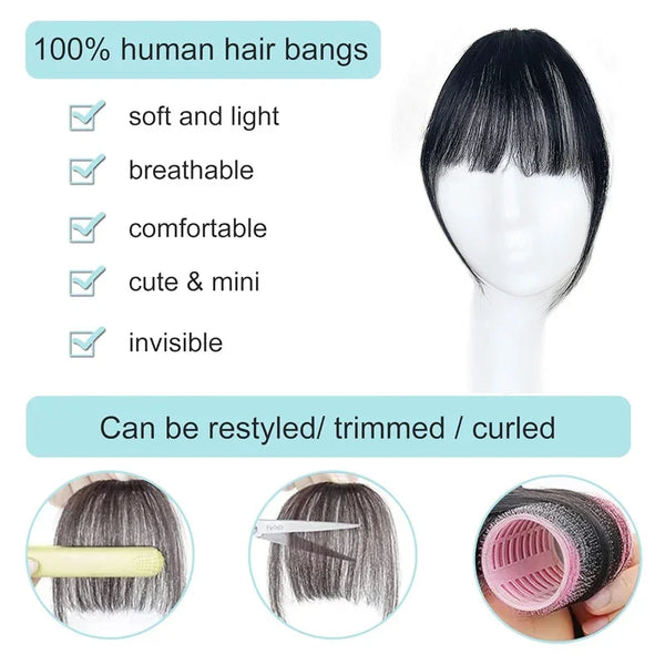 100% Human Hair Black Brown Invisible Hair Bangs Clip in Straight Bangs and Sideburns Extensions Hairpiece Hair Piece