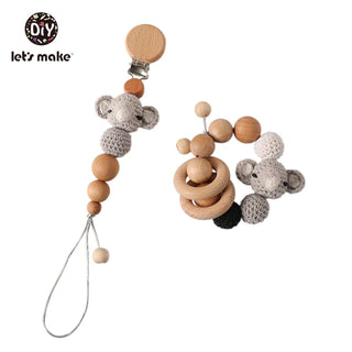 Buy champagne Let&#39;s Make Baby Rattles Set Crochet Animal Elk Amigurumi Elephant Baby Teether Wooden Pacifier ChainBPA Free Nursing Rattle Toys