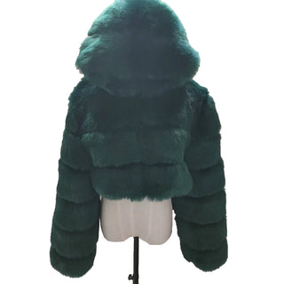 Buy dark-green High Quality Furry Cropped Faux Fur Coats and Jackets Women Fluffy Top Coat With Hooded Winter Fur Jacket Manteau Femme