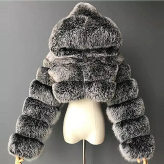 Buy silver-fox High Quality Furry Cropped Faux Fur Coats and Jackets Women Fluffy Top Coat With Hooded Winter Fur Jacket Manteau Femme