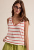 Striped Knit V-Neck Tank Top: Cherry